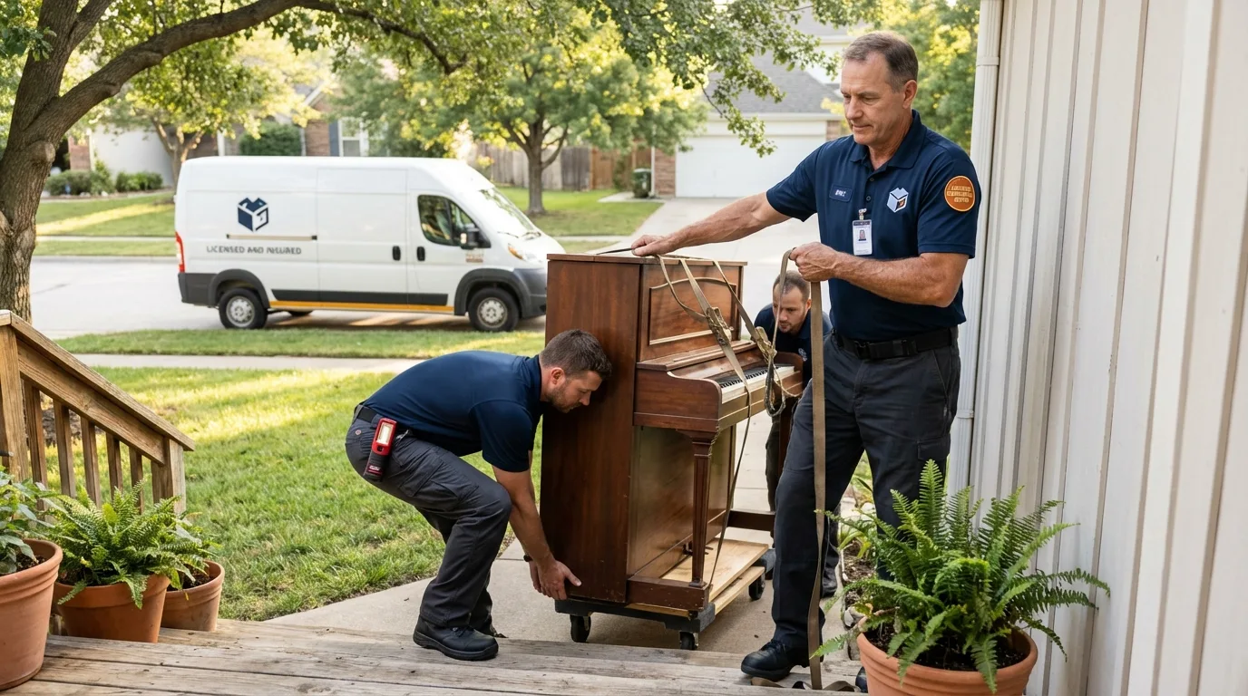 Licensed piano movers securing grand piano in Franklin Park, NJ