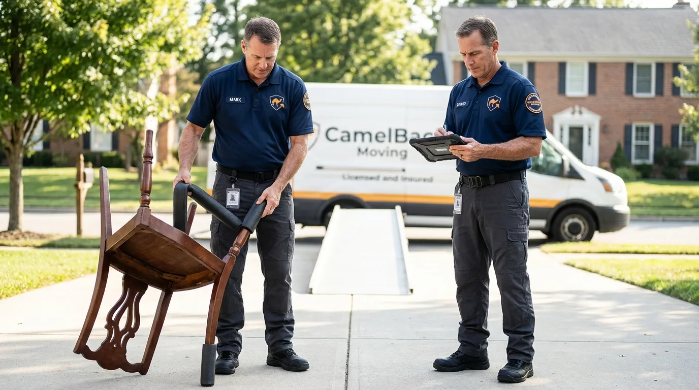 Movers inspecting furniture for damage prevention before loading in Franklin Park, NJ