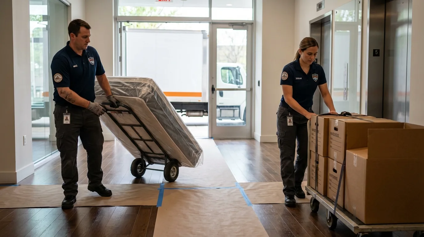 Professional apartment movers loading elevator in Franklin Park, NJ