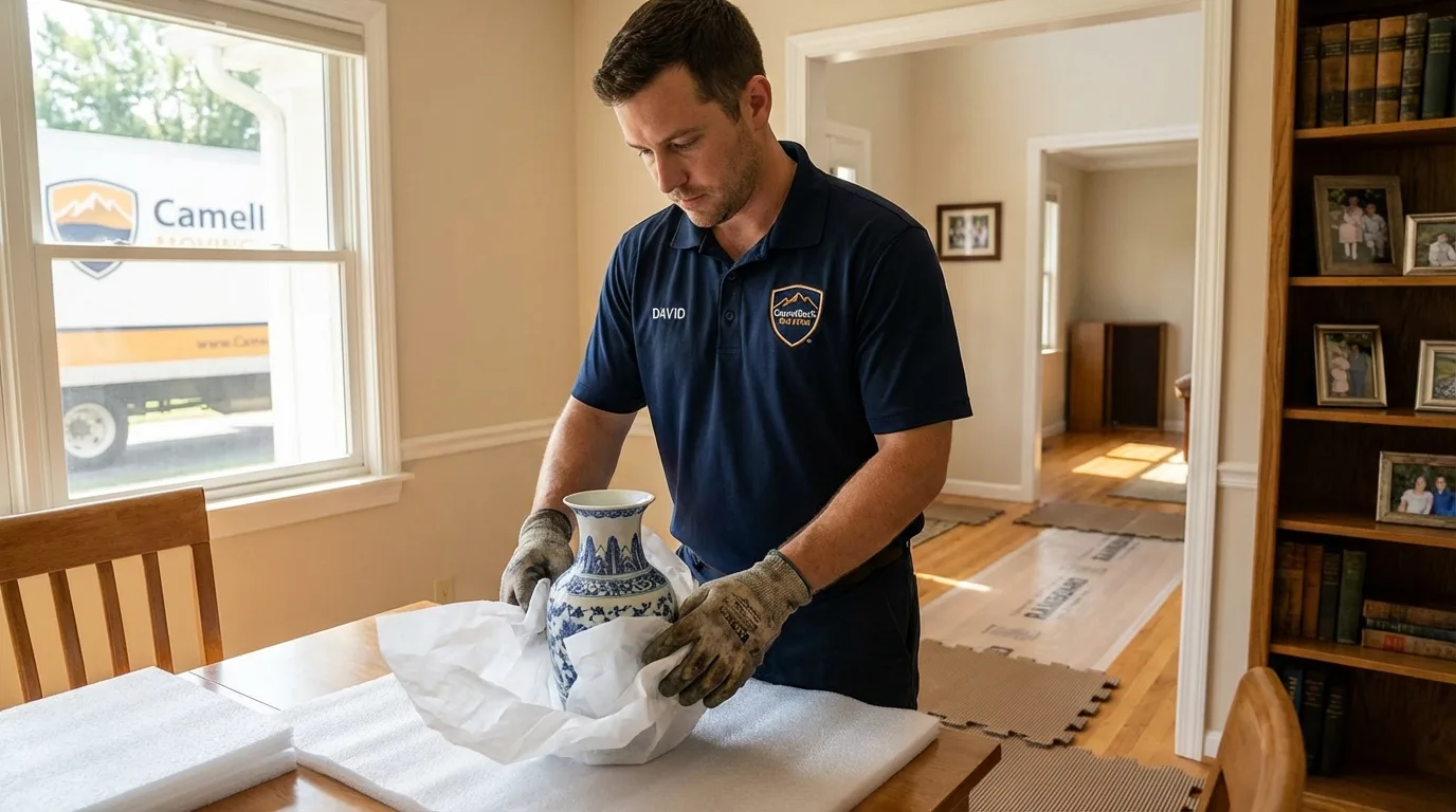 Professional crew carefully wrapping antique vase for senior downsizing move in Franklin Park, NJ